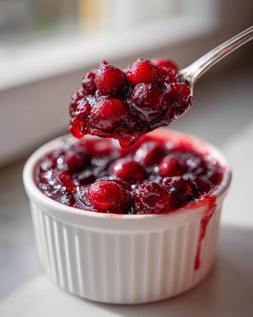 A spoonful of chunky, deep red homemade cranberry sauce being lifted above a white ramekin filled with more cranberry sauce.