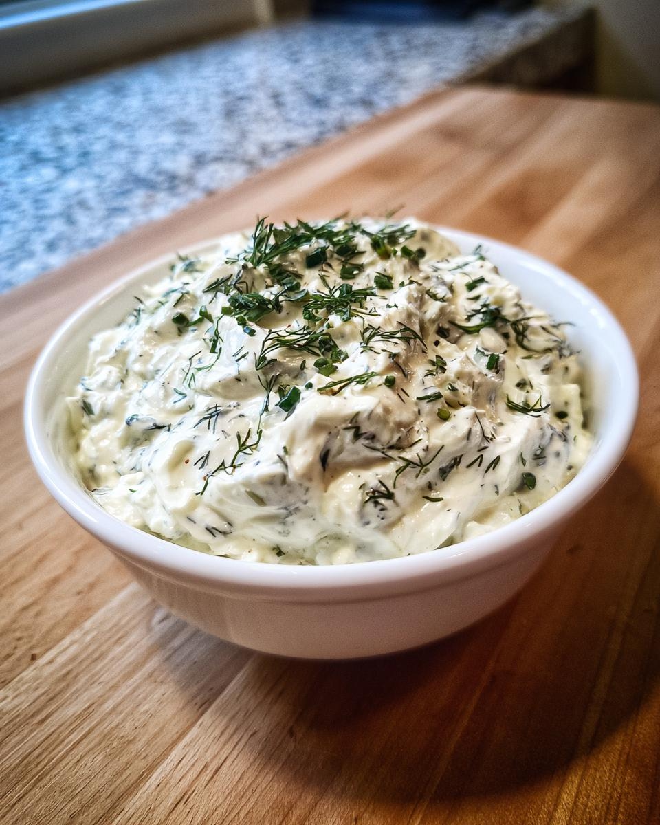 A close-up of creamy homemade dill dip garnished with fresh dill, served in a white bowl on a wooden cutting board.