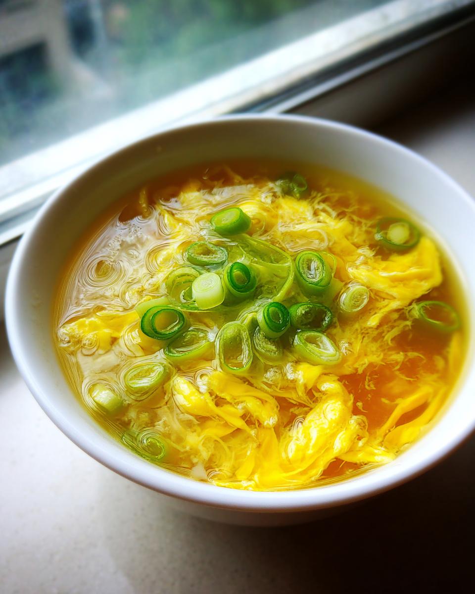 A white bowl filled with bright yellow egg drop soup, garnished with fresh green scallion slices.