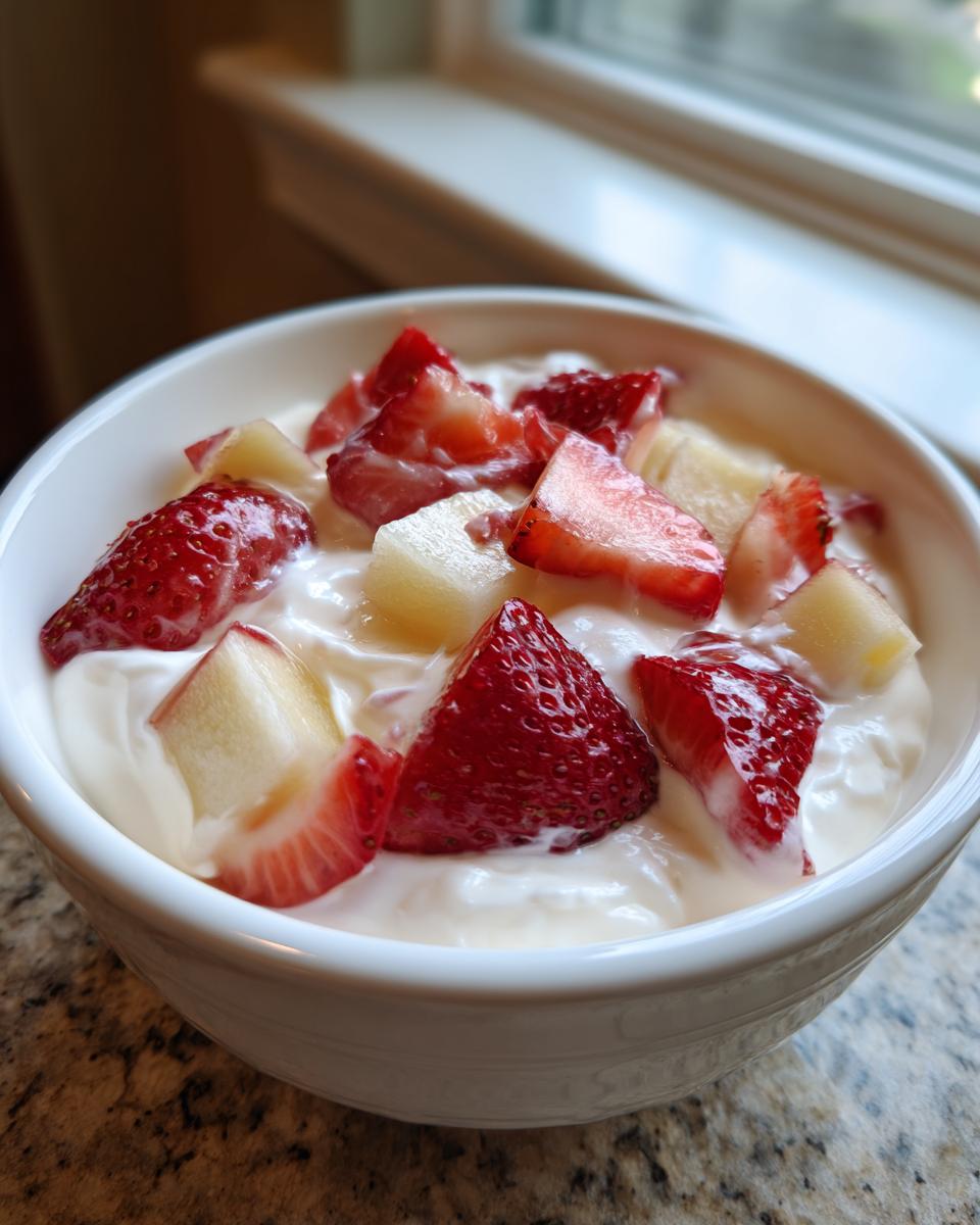 A white bowl filled with creamy fruit dip topped with fresh strawberries and pineapple chunks.
