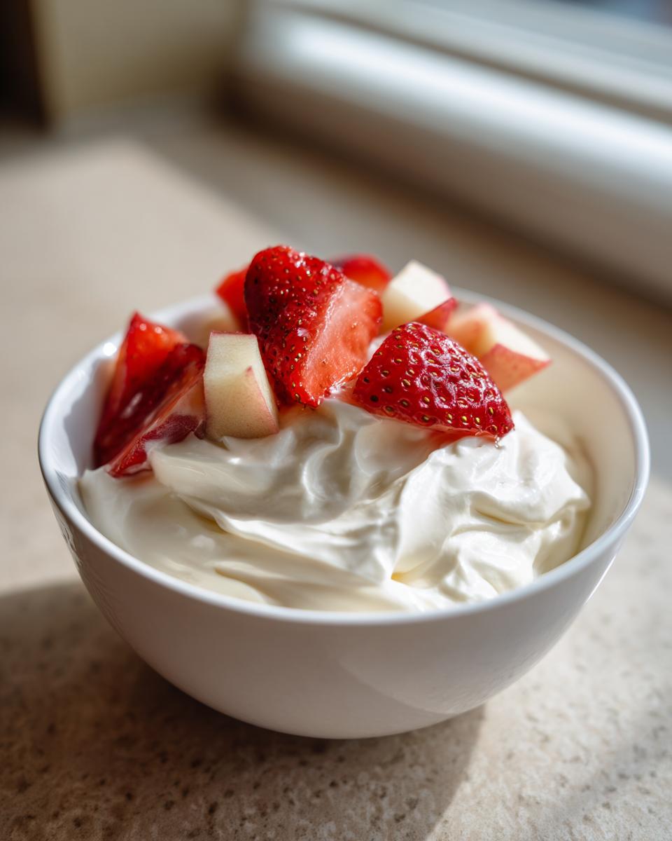 Close-up of creamy fruit dip topped with fresh sliced strawberries and apple pieces.