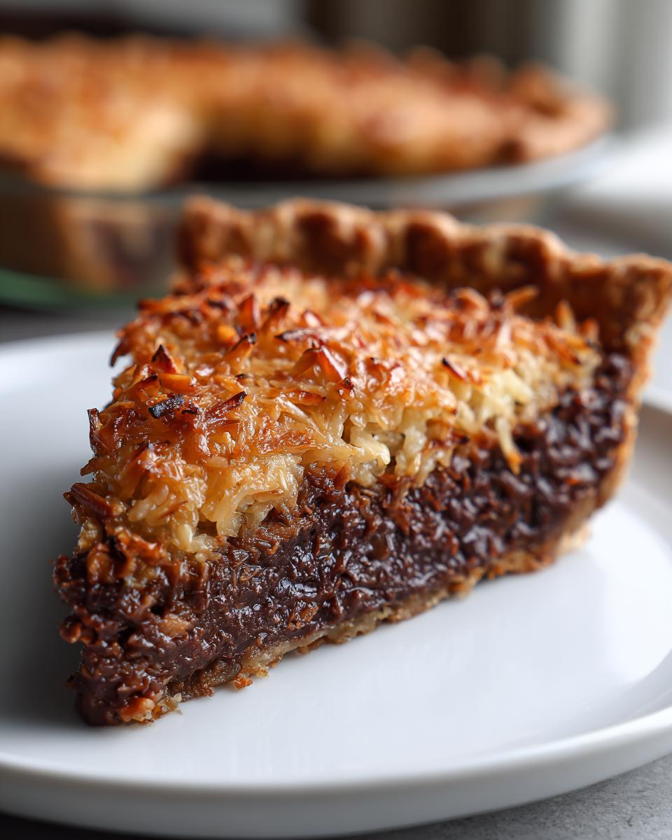 A close-up slice of rich german chocolate pie featuring a dark chocolate filling and a toasted coconut topping on a white plate.