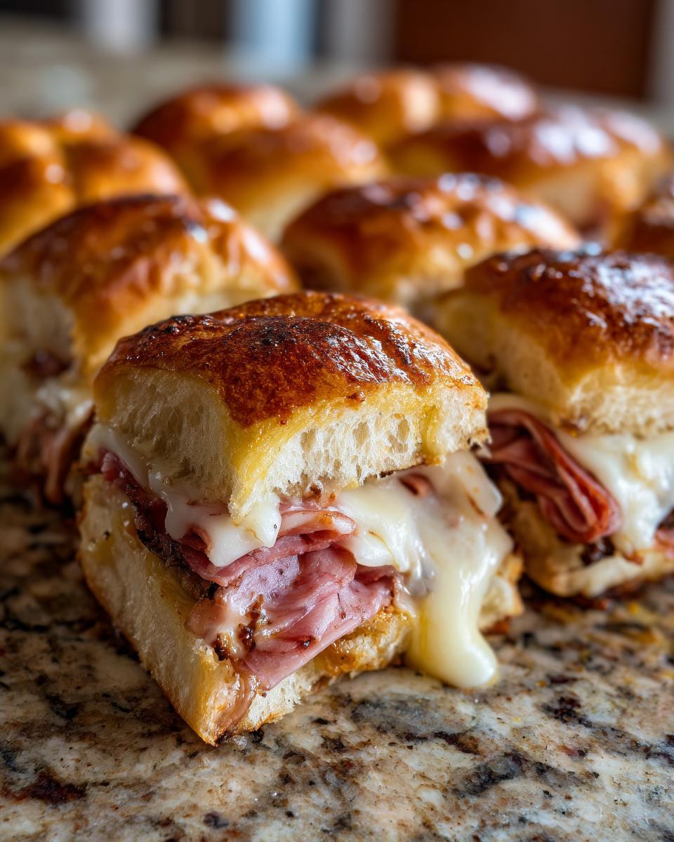Close-up of a cheesy grinder slider cut in half, showing melted provolone and ham on a toasted roll.