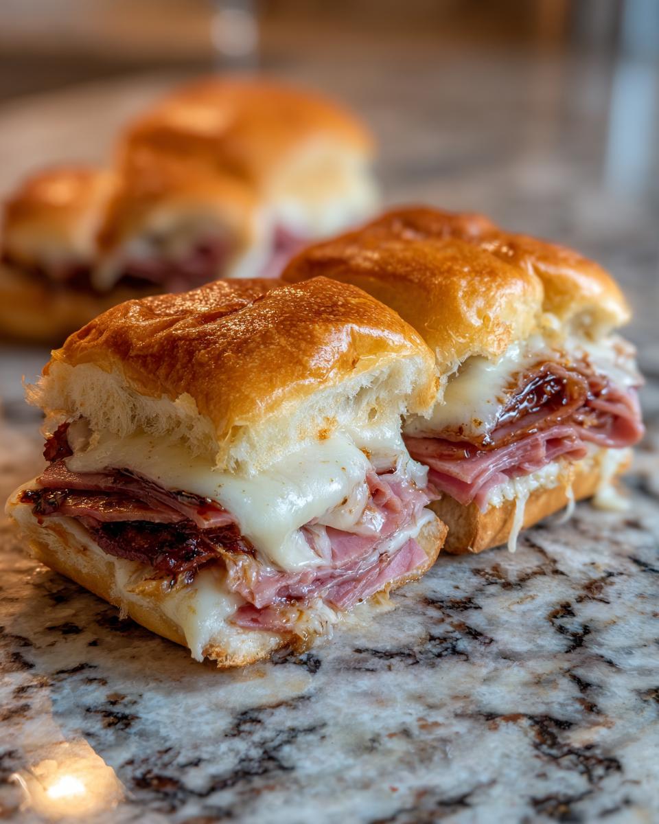 Close-up of two halves of amazing grinder sliders filled with ham, melted white cheese, and a dark glaze on a marble counter.