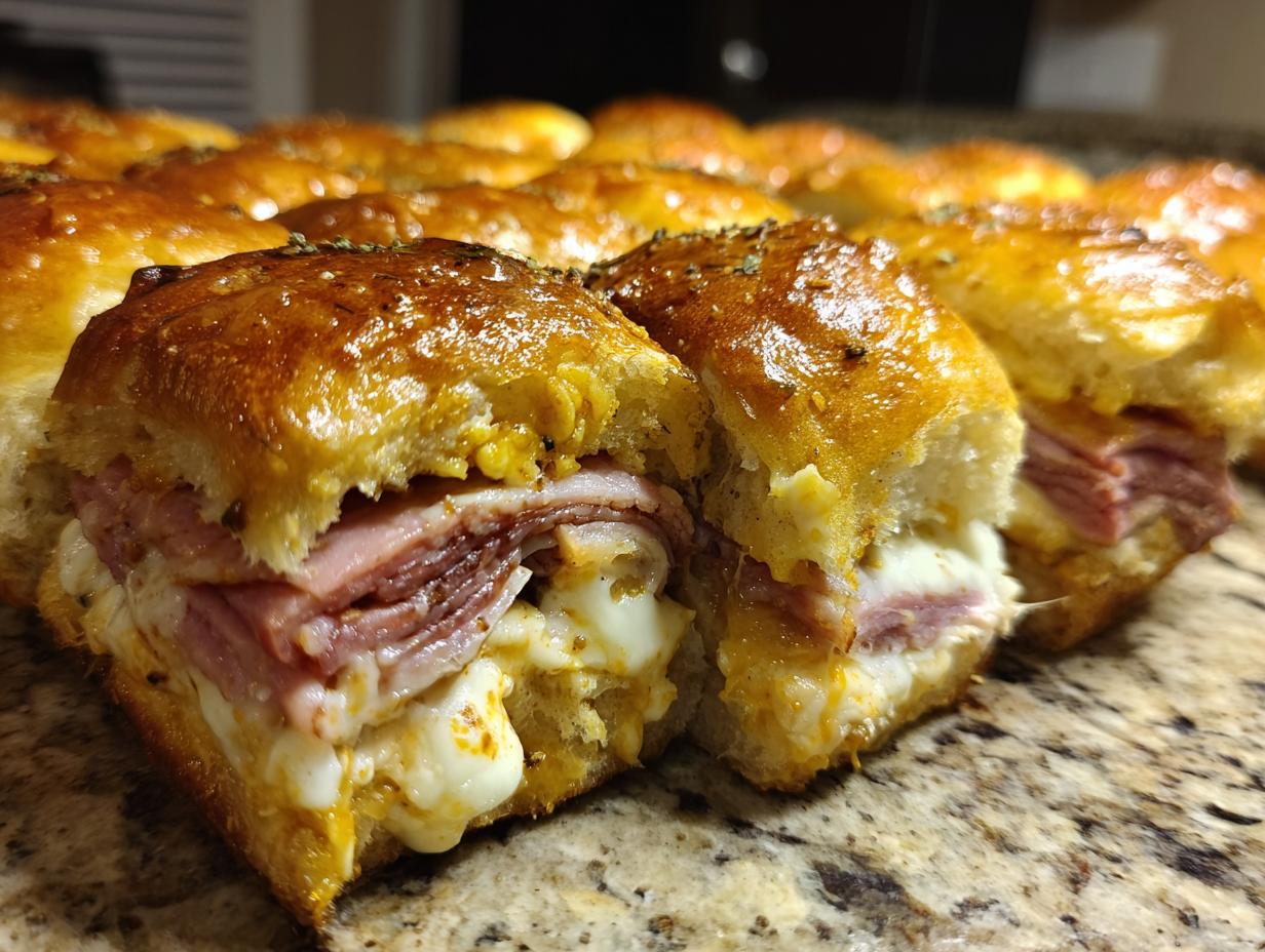 A close-up view of freshly baked grinder sliders filled with melted cheese and layers of deli meat on a speckled countertop.