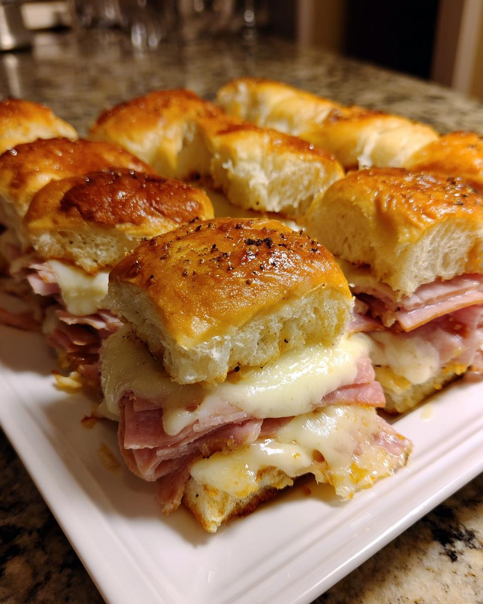 Close-up of baked grinder sliders filled with ham and melted white cheese, served on a white platter.
