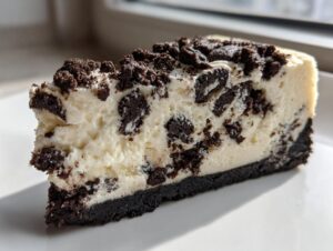 A close-up, appetizing slice of Oreo cheesecake featuring a thick, creamy filling studded with chocolate cookie pieces and topped with crumbs.