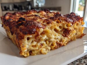 A thick, square slice of baked pasta bake with a deeply browned, cheesy crust, showing creamy sauce and tubular pasta inside.
