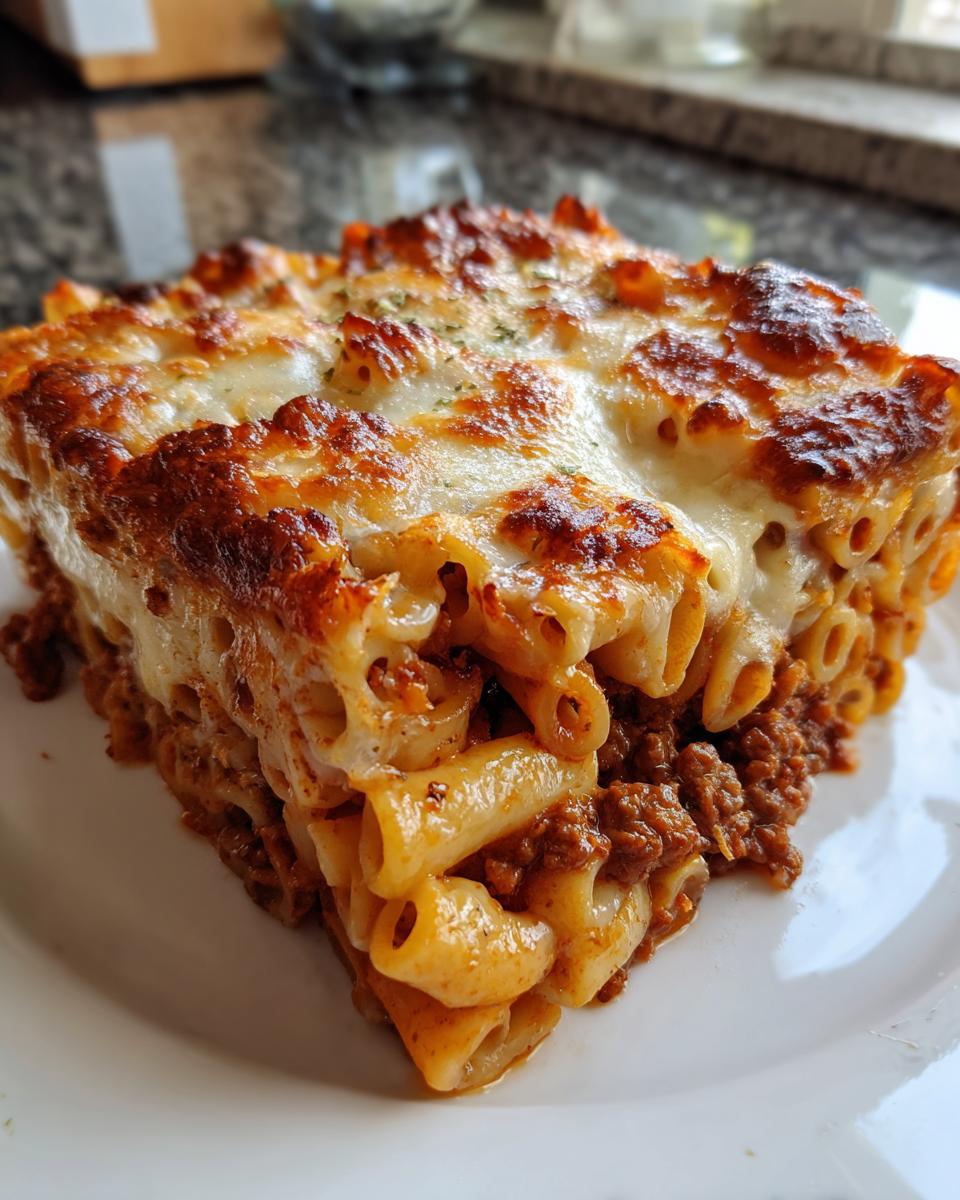 A thick, square slice of rich pasta bake with rigatoni, meat sauce, and a bubbly, browned cheese topping.