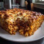 A hearty slice of baked ziti style pasta bake with rich meat sauce and a golden, bubbly cheese topping.