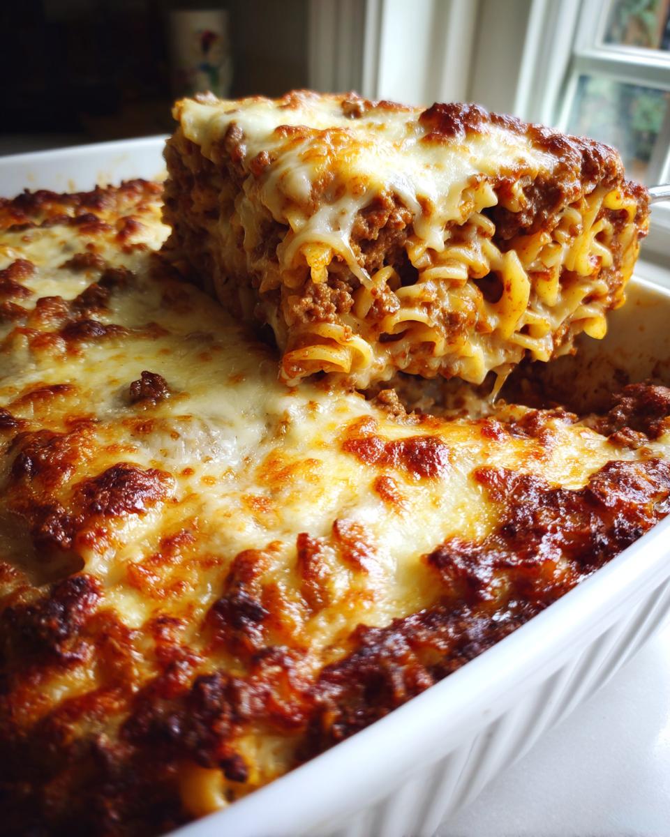 A serving utensil lifts a cheesy, saucy slice of baked pasta bake from a white casserole dish.