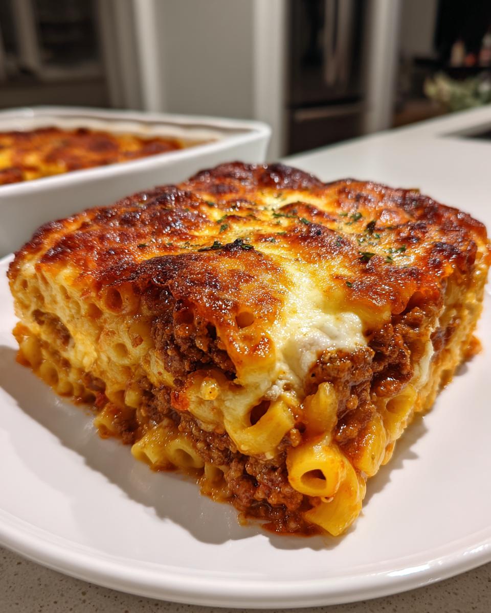 A close-up serving of a hearty pasta bake with a rich meat sauce and a deeply browned, cheesy top.
