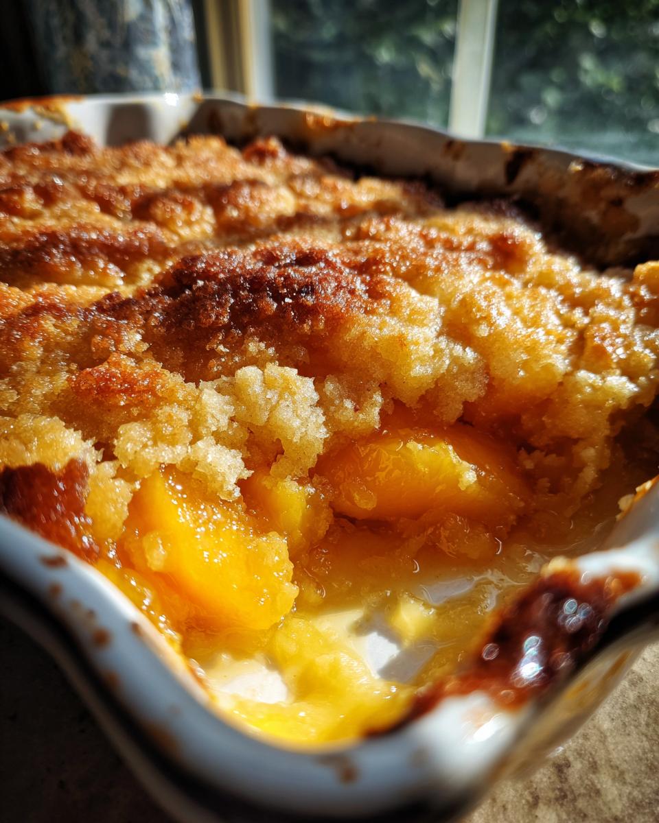 Close-up view of bubbling, warm peach cobbler showing juicy fruit filling and a golden, crumbly topping.