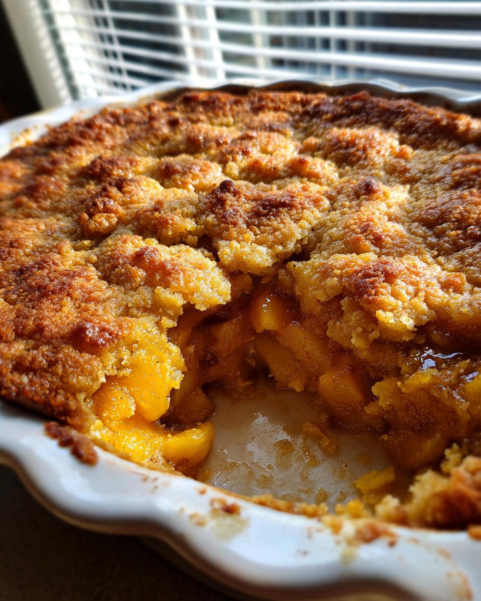 Close-up of a freshly baked peach cobbler with a scoop removed, showing juicy peaches and a golden, crumbly topping.