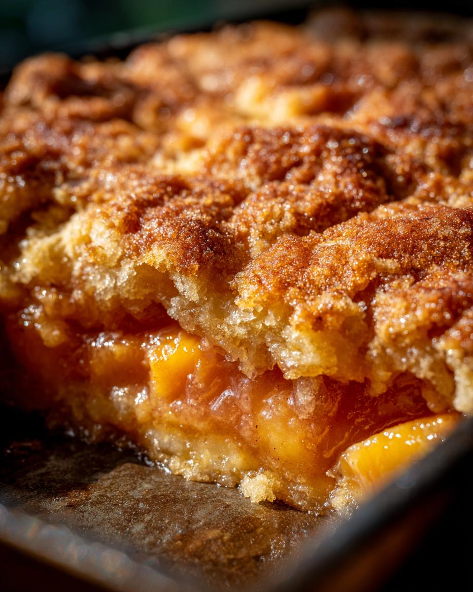 A close-up cross-section view of a warm peach cobbler showing gooey fruit filling and a thick, sugary, cinnamon-spiced topping.