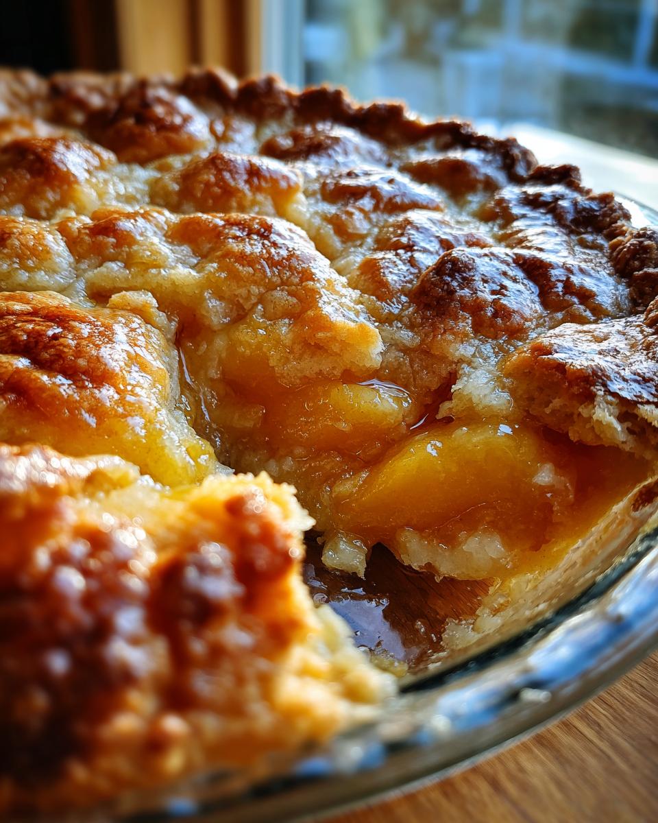 Close-up of a warm, golden-brown peach cobbler showing bubbling, syrupy filling and a crusty topping.