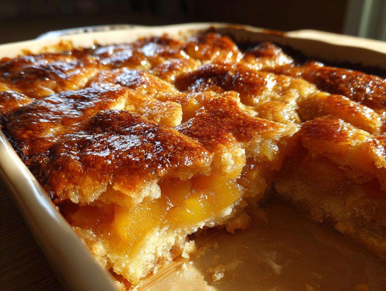 Close-up of a freshly baked peach cobbler with a deeply caramelized, glossy topping.