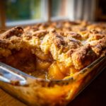 Close-up of a warm, bubbling peach cobbler in a glass baking dish with a crumbly topping.