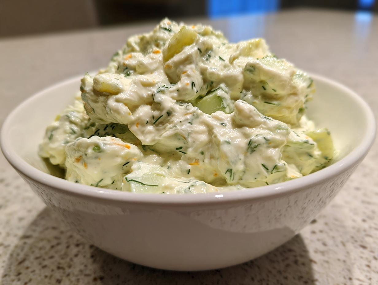 Close-up of creamy, chunky pickle dip mixed with dill and visible pickle pieces in a white serving bowl.