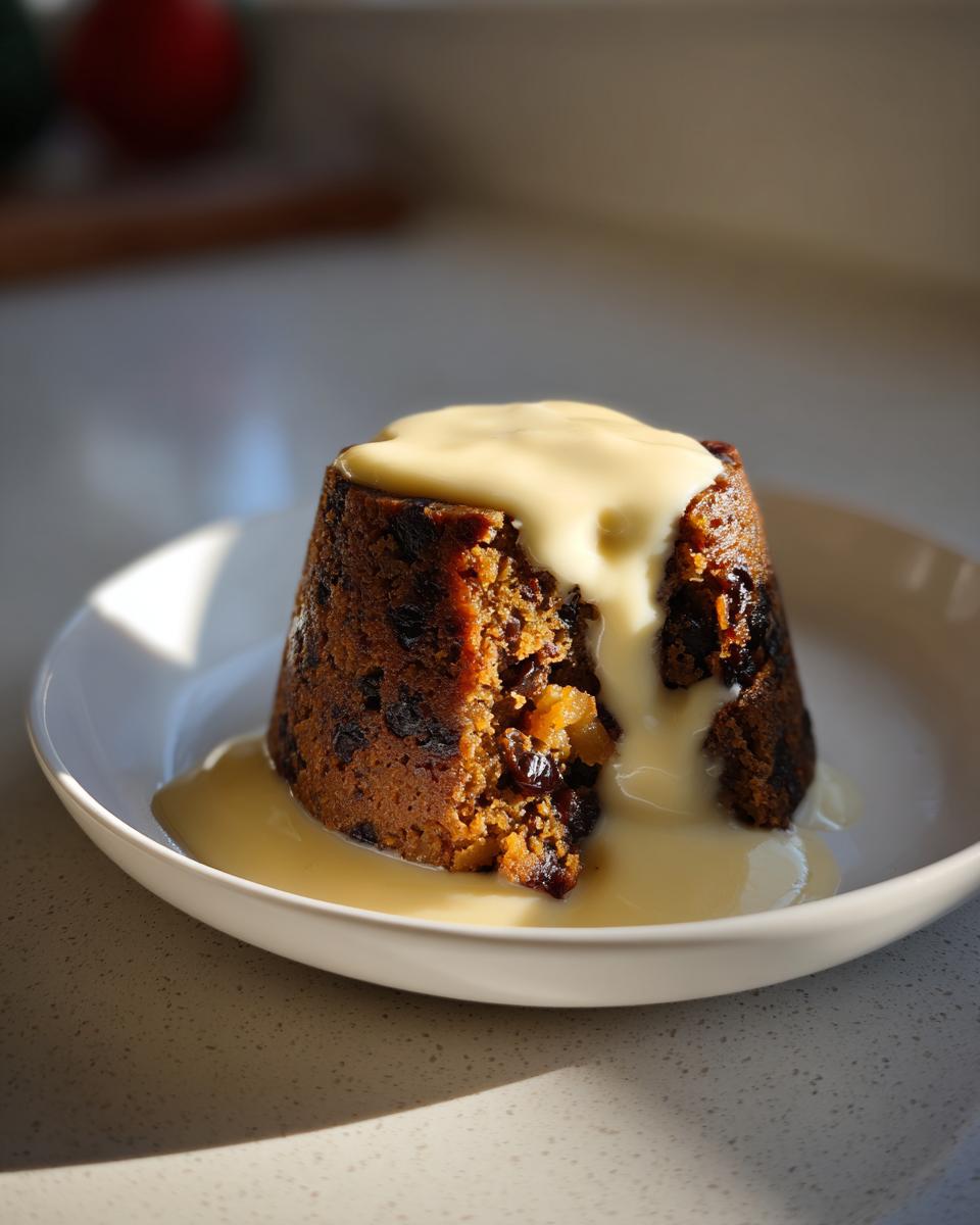 A rich, dark plum pudding served in a white bowl, generously topped with flowing vanilla custard sauce.