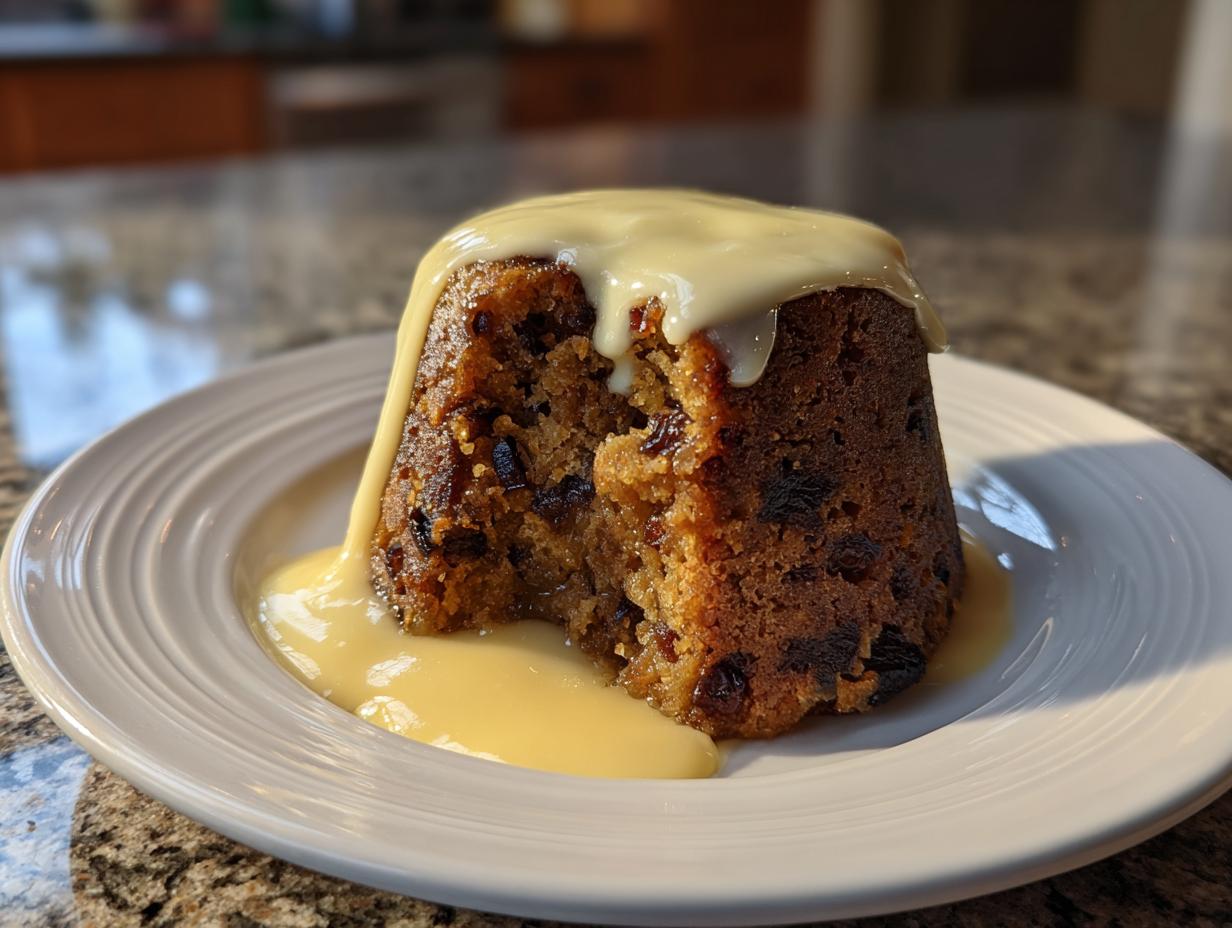 A single serving of rich, dark plum pudding topped with flowing vanilla custard on a white plate.