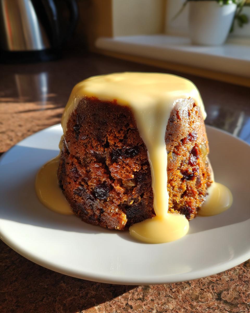 A rich, dark plum pudding topped with thick, creamy custard sauce dripping down the sides.