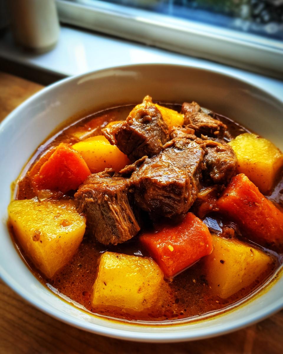 Close-up of a white bowl filled with rich, dark pork stew featuring tender chunks of meat, potatoes, and carrots.