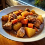 Close-up of tender chunks of pork stew with large pieces of potato and carrot in a rich brown gravy.