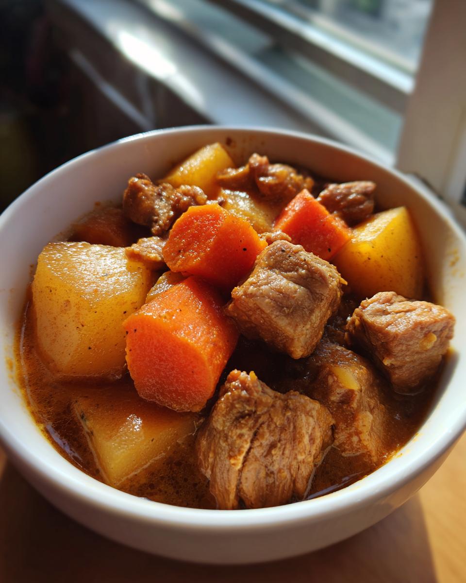 Close-up of a white bowl filled with rich pork stew featuring chunks of tender pork, bright orange carrots, and yellow potatoes.