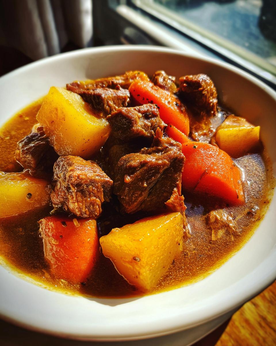 Close-up of a white bowl filled with rich, dark pork stew featuring tender chunks of meat, potatoes, and carrots.