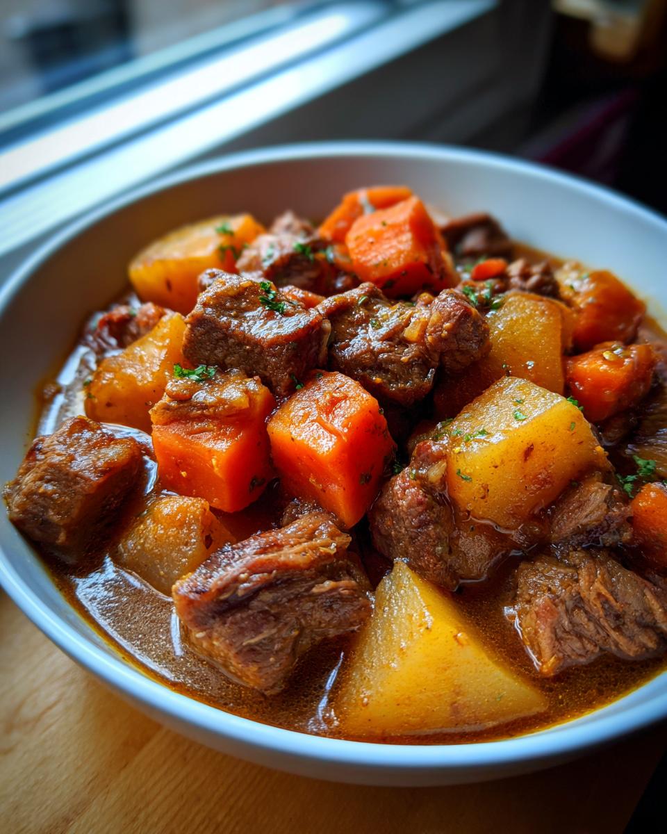 Close-up of a hearty bowl of amazing 8-hour pork stew with tender meat, carrots, and potatoes in rich gravy.