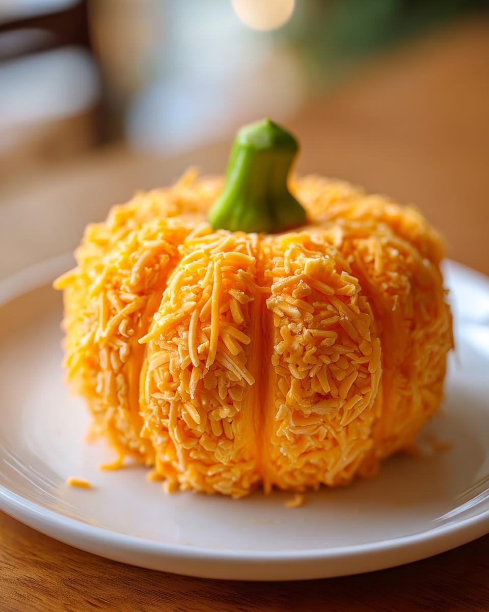 A festive pumpkin cheese ball coated in shredded cheddar cheese, shaped like a small pumpkin with a green stem.