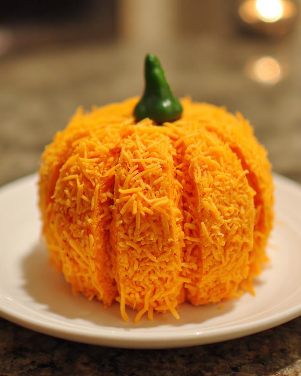 A festive pumpkin cheese ball coated in shredded cheddar cheese with a green stem on top.