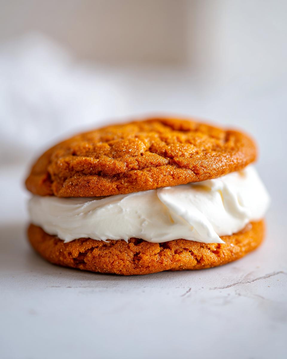 A close-up of a soft, orange pumpkin cookie sandwich filled with thick white cream cheese frosting.