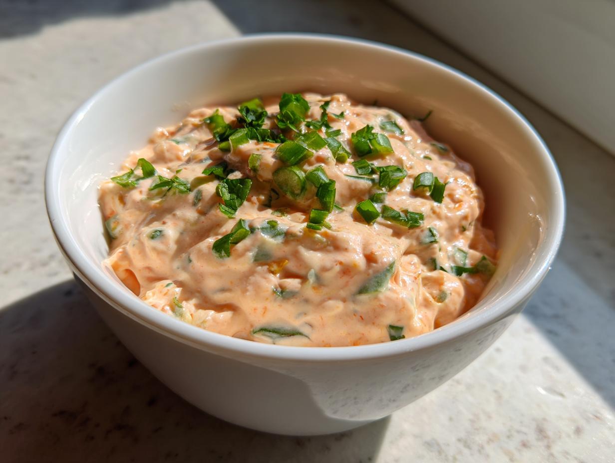 Close-up of creamy, orange-hued remoulade sauce topped with fresh chopped green onions in a white bowl.