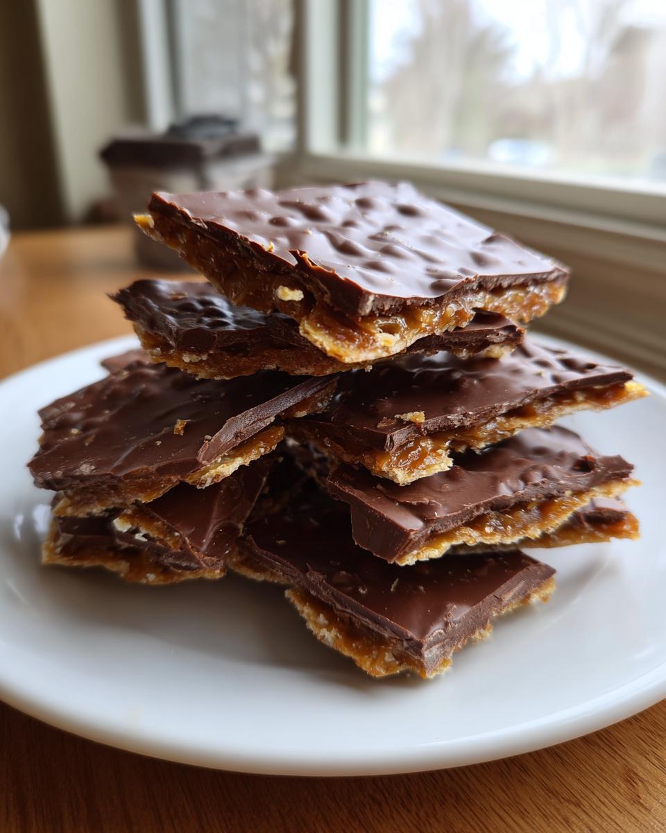 A stack of broken pieces of amazing saltine cracker toffee with a chocolate top layer on a white plate.