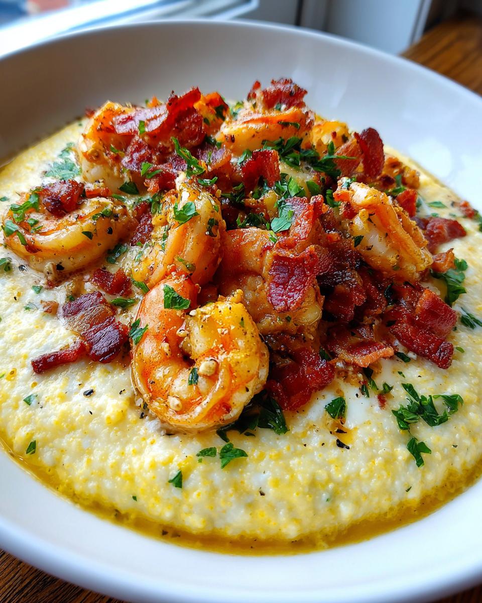 A close-up of creamy shrimp and grits topped generously with seasoned shrimp, crispy bacon pieces, and fresh parsley.