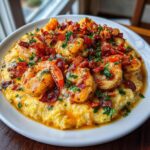 A close-up shot of a plate of amazing shrimp and grits topped generously with crispy bacon bits and fresh parsley.