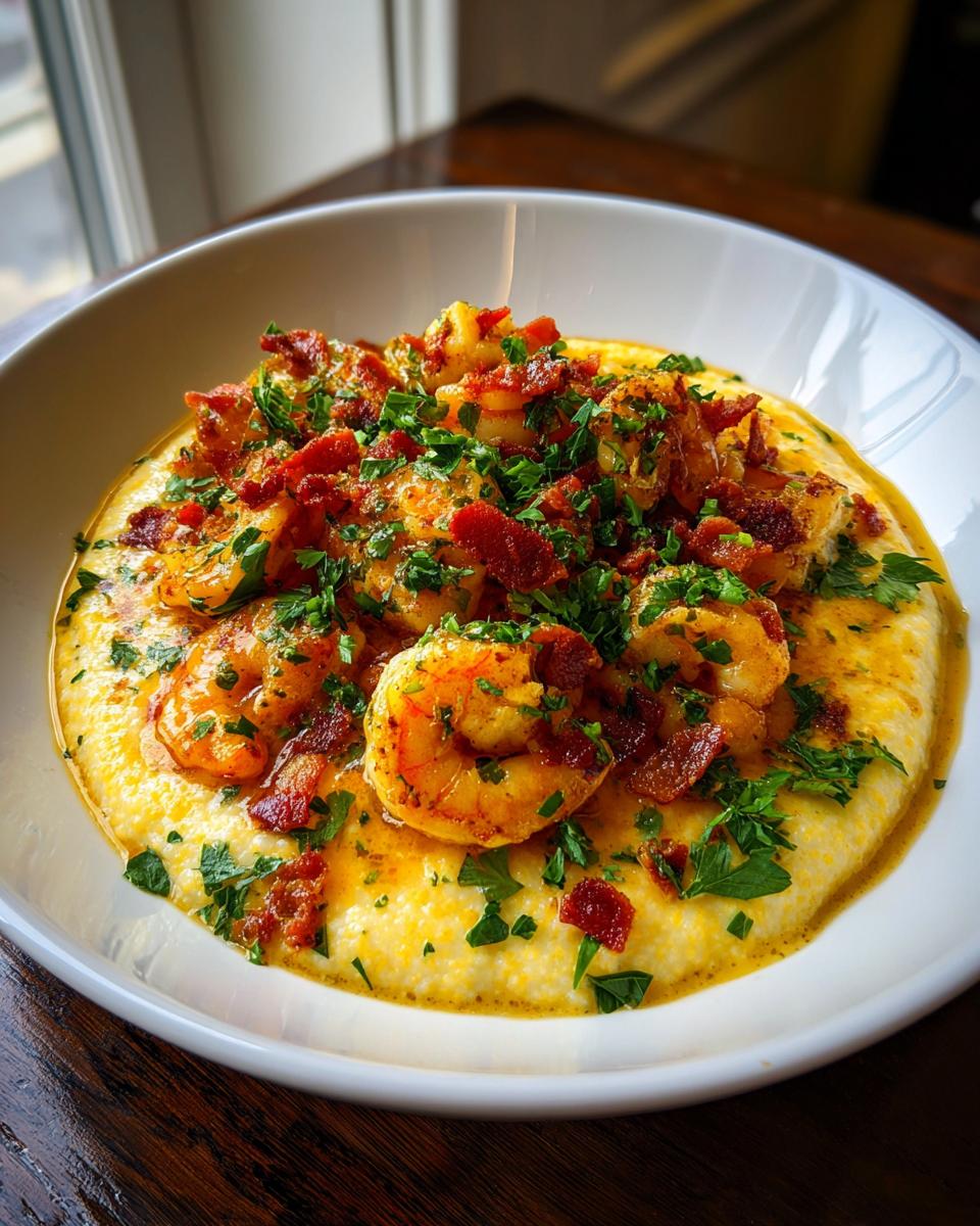 A close-up view of a bowl of amazing shrimp and grits, topped with bacon bits and fresh parsley.