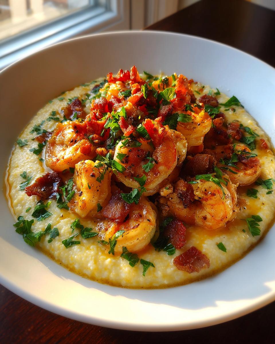 A close-up, sunlit photo of creamy shrimp and grits topped with seasoned shrimp, crumbled bacon, and fresh parsley.