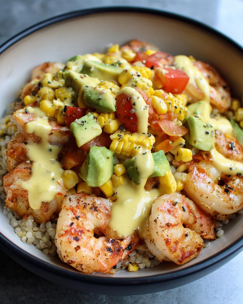Close-up of a vibrant shrimp bowl featuring seasoned shrimp, corn, diced avocado, tomatoes, and a creamy yellow sauce over quinoa.