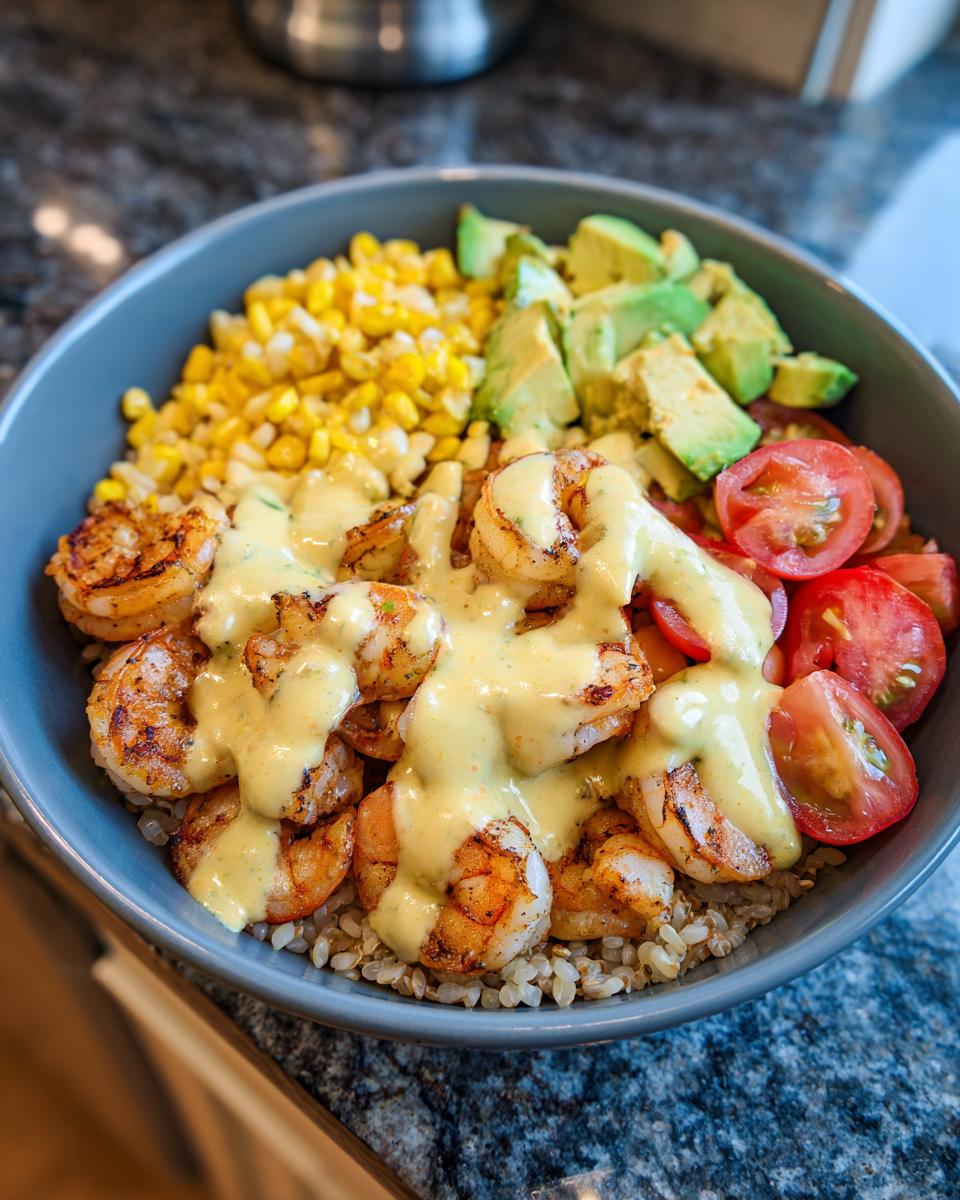 Close-up of a vibrant shrimp bowl featuring seasoned shrimp, brown rice, corn, avocado, tomatoes, and a creamy sauce.