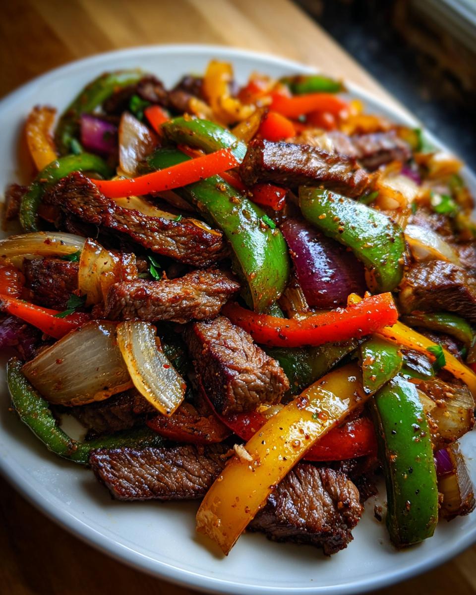 A close-up shot of perfectly cooked steak fajitas mixed with vibrant green, red, and yellow bell peppers and onions.