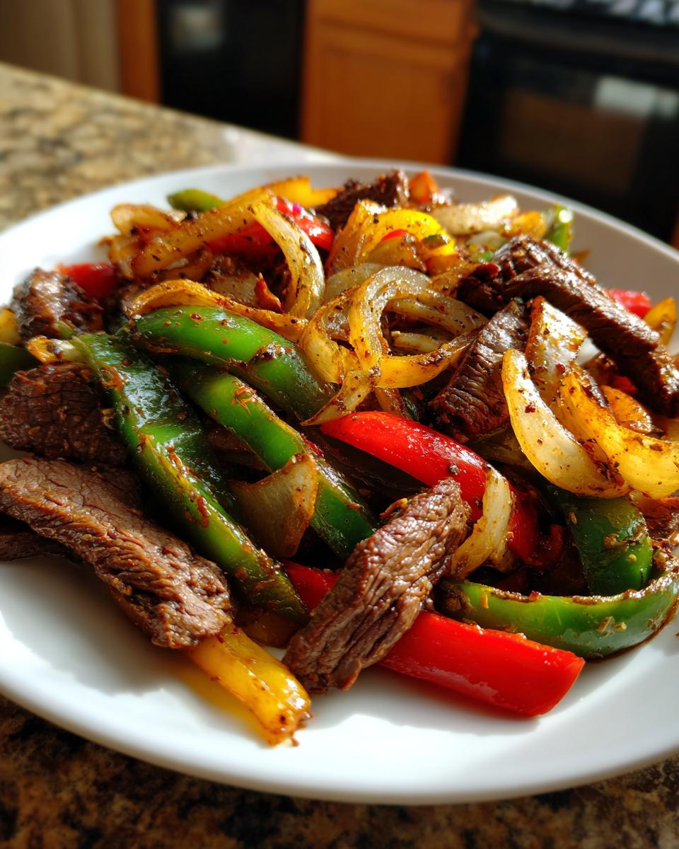 A close-up shot of perfectly cooked steak fajitas featuring strips of seasoned beef mixed with vibrant green, red, and yellow bell peppers and caramelized onions.
