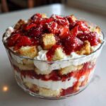 Layers of cake, whipped cream, and strawberries make up this amazing strawberry shortcake trifle.