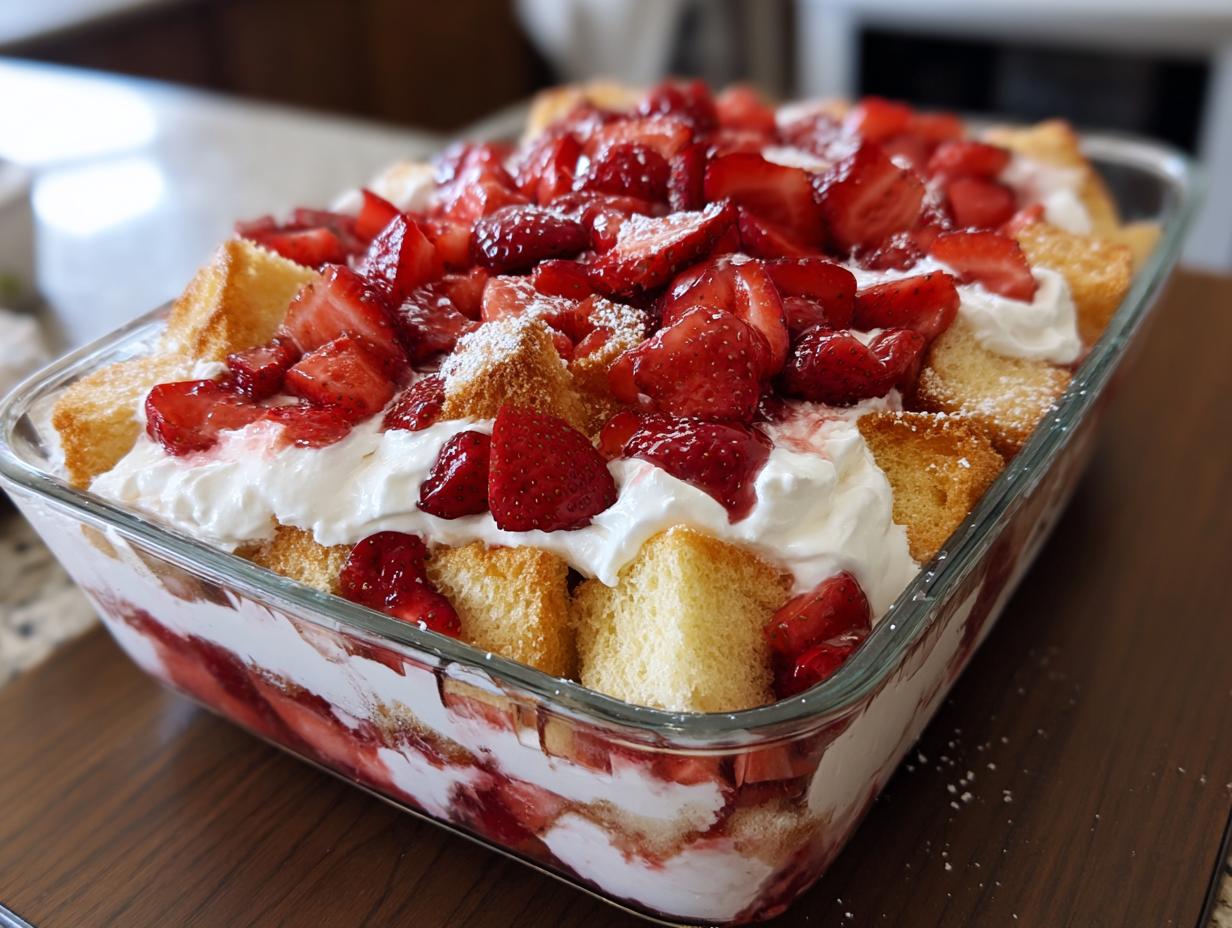 Close-up of a layered strawberry shortcake trifle in a clear glass baking dish, topped with whipped cream and fresh strawberries.