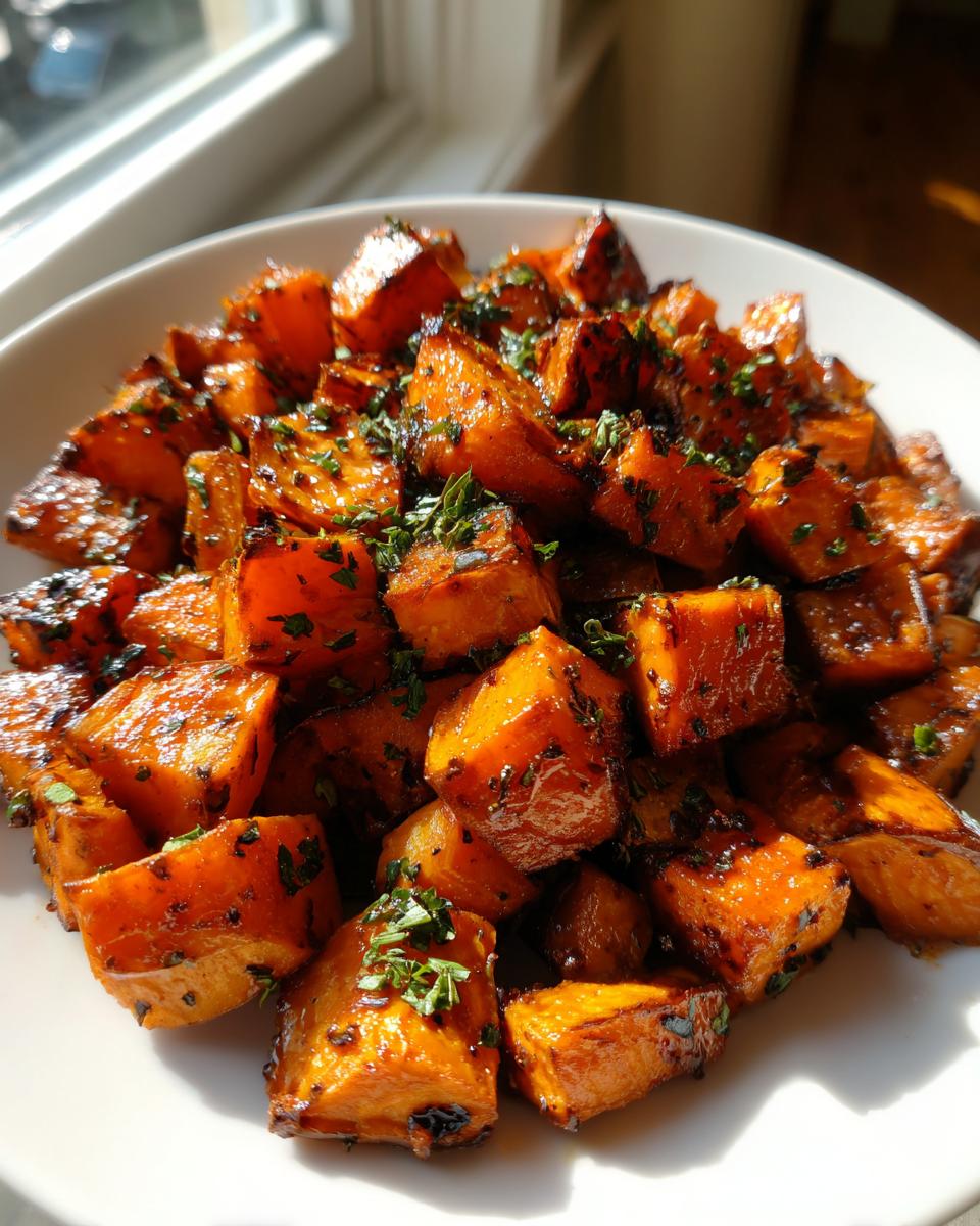 Close-up of caramelized roasted sweet potatoes cubes tossed with fresh green herbs.
