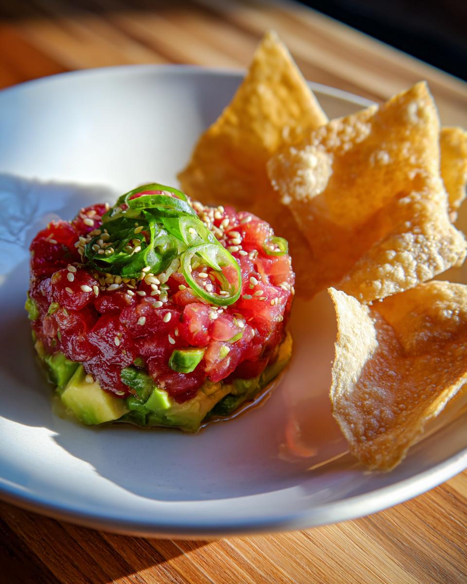 A beautifully stacked portion of tuna tartare over avocado, garnished with scallions and sesame seeds, served with crispy chips.