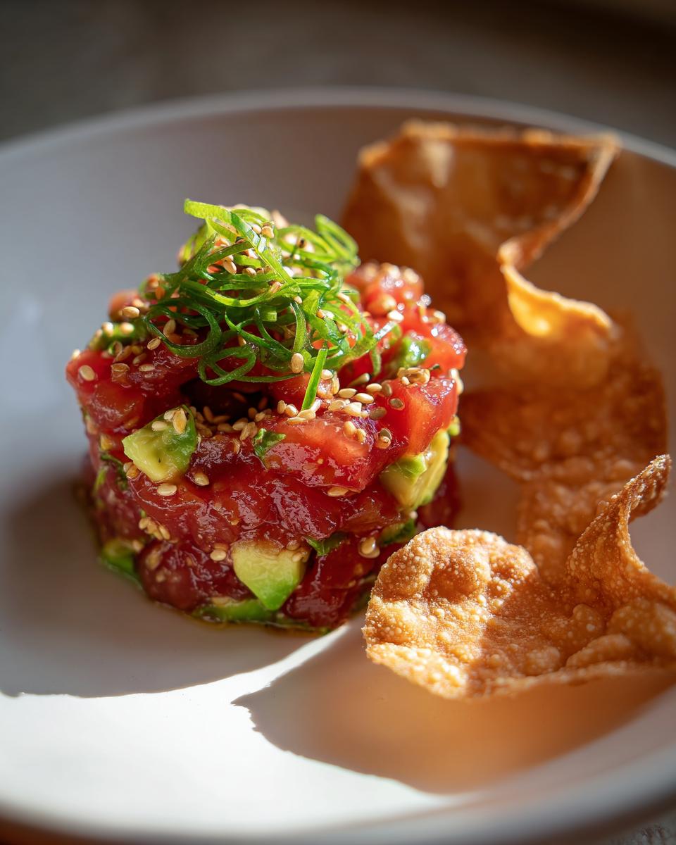 A beautifully plated tower of tuna tartare mixed with avocado, topped with scallions and sesame seeds, served with crispy wonton chips.