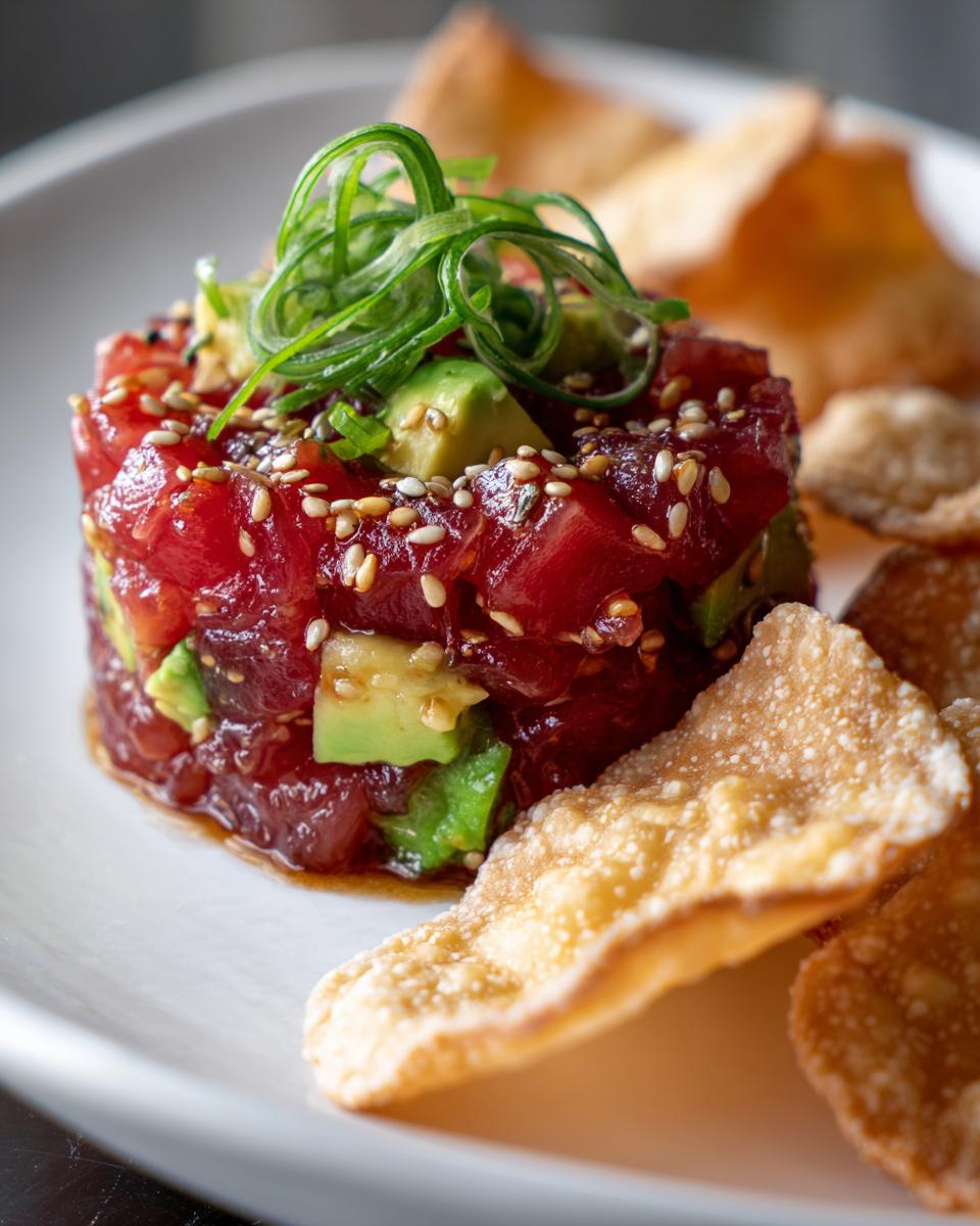 Close-up of fresh tuna tartare mixed with avocado, sprinkled with sesame seeds, served with crispy wonton chips.